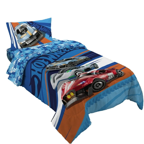 Hot Wheels Kids 4 Piece Blue Reversible Comforter, Bed in a Bag, Twin