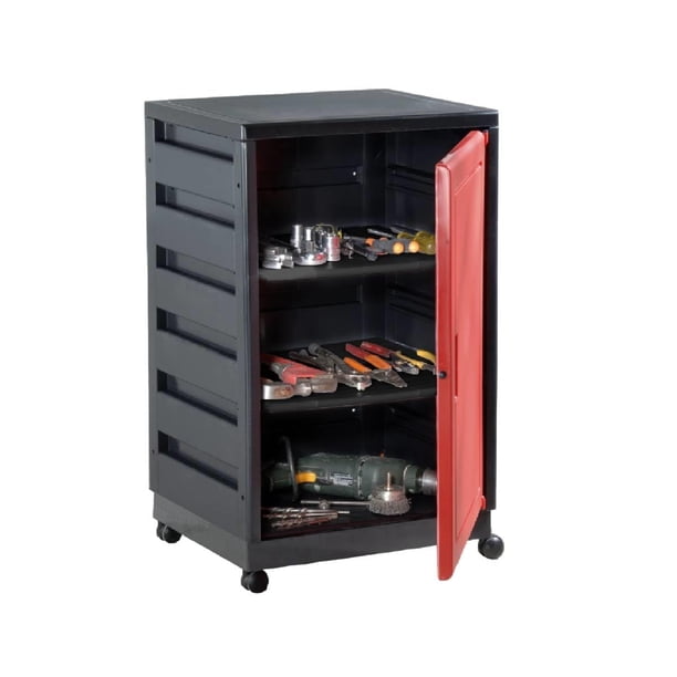Italhome Mueble De Plástico En Color Negro Rojo con 3 Repisas, Cajonera Organizador Multiusos con Ruedas Arno