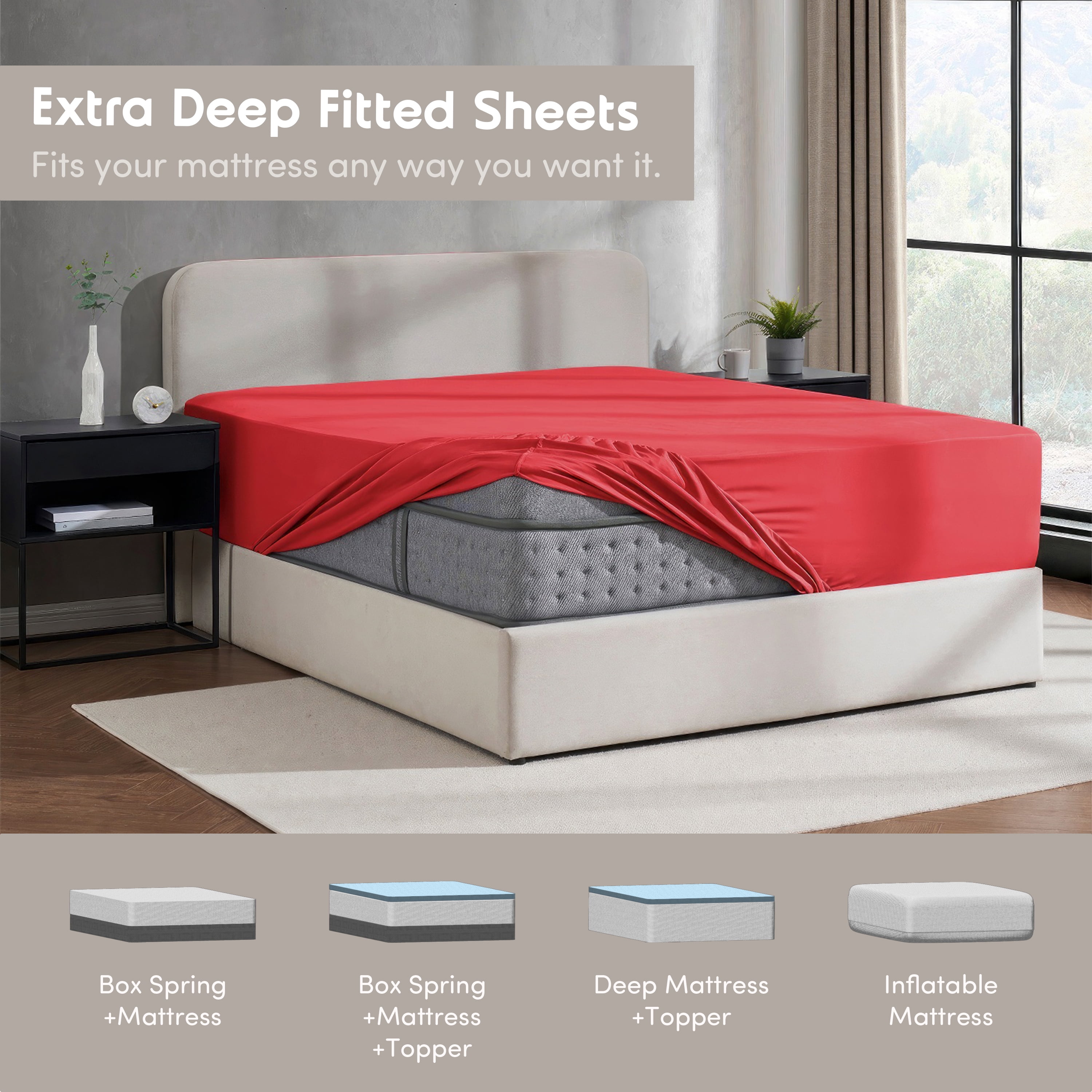 Lammaloe 4 Pack Extra Deep Pocket Queen Fitted Sheet Only, Fits 18" to 24" Mattress, Soft Microfiber Fitted Bed Sheet, Burgundy Red