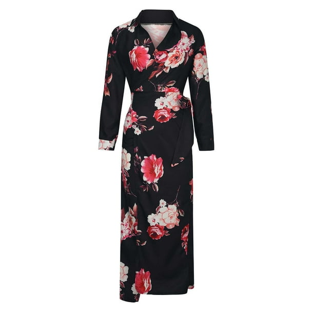 Vestido largo informal con dobladillo dividido y cordón de solapa con estampado de mangas largas sexy para mujer Pompotops hdfakjf9371
