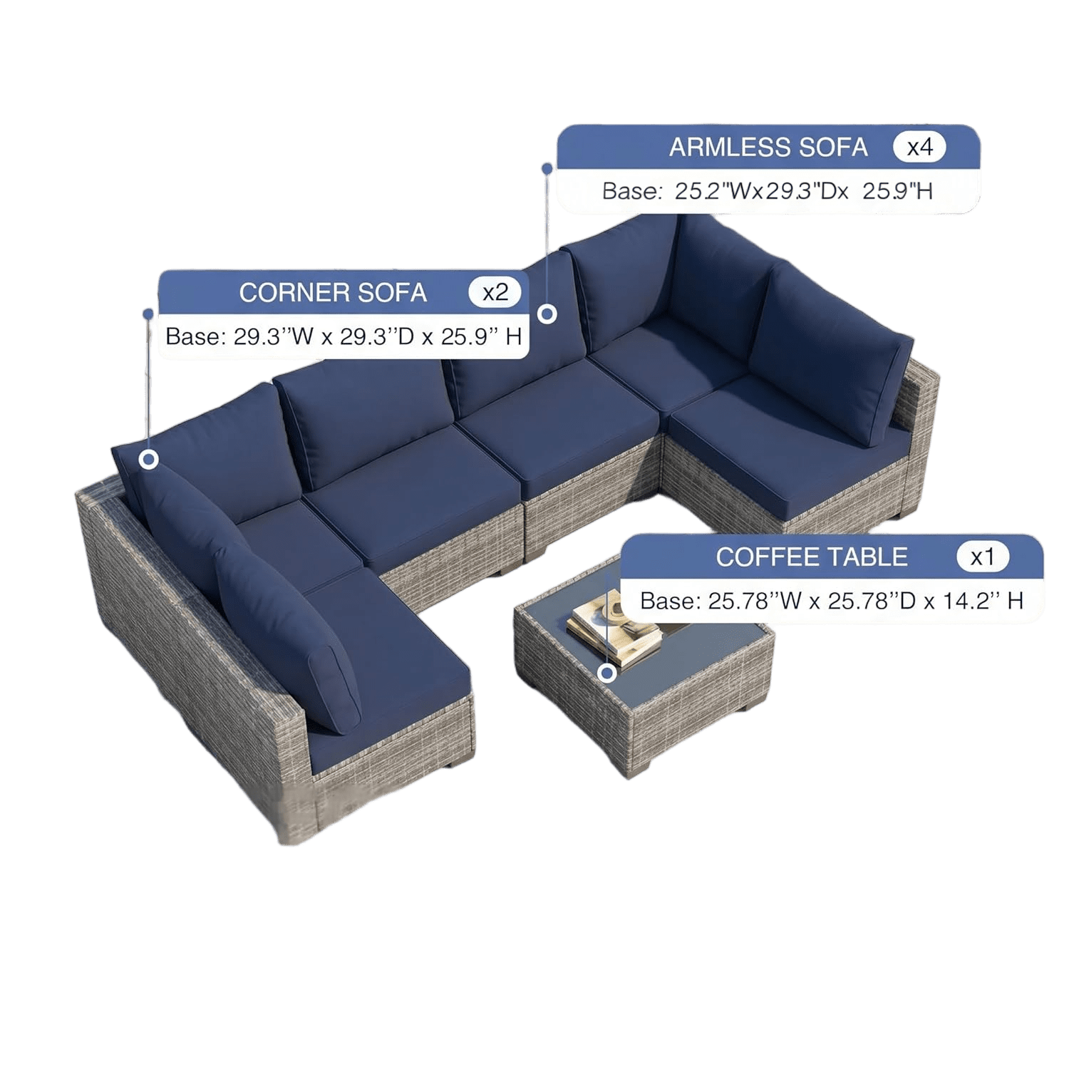 YIORTWO 7-Piece Outdoor Patio Furniture Set, Modular Wicker Sectional Sofa with 3.15" Thick Cushions, All-Weather Rattan Conversation Set with Tempered Glass Table, Navy Blue