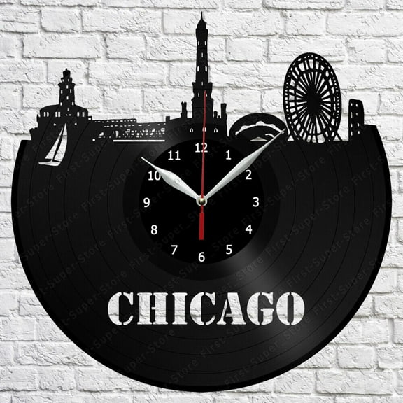 Chicago Vinyl Wall Clock,Vinyl Record Clock Wall Art Unique Bedroom kitchen kid Room Decorations Handmade Gift