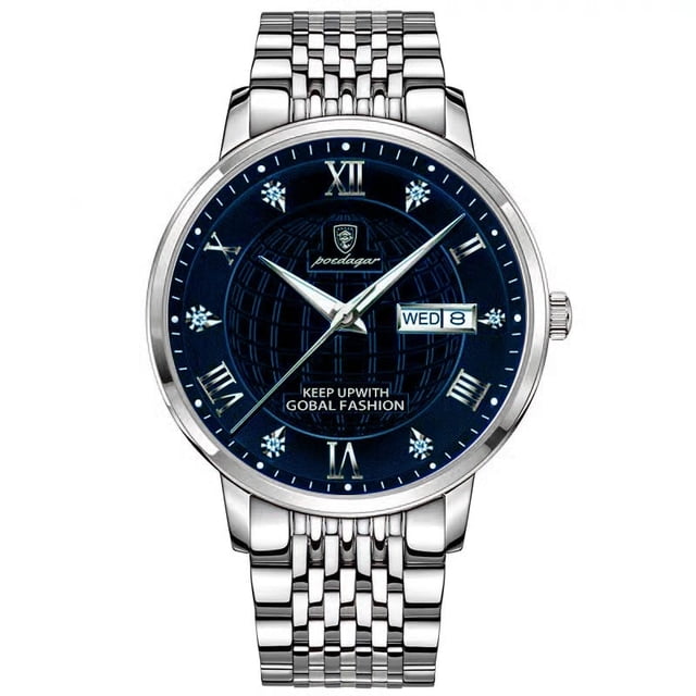 POEDAGAR Men Watch Stainless Steel Top Quailty Luxury Push Button Hidden Clasp Waterproof Luminous Date Week Sport Wrist Watches