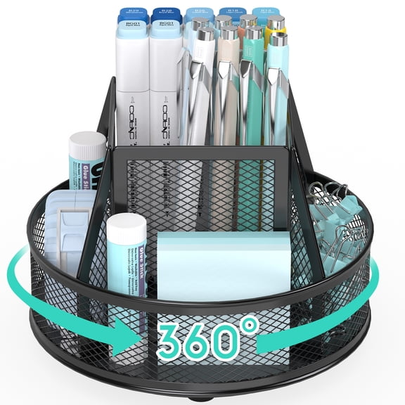 YINGHUA Metal Mesh Desk Organizer with 5 Compartments and Rotating Pencil Holder Pen and Stationery Organizer for Office Home School Anti Slip Base, Black