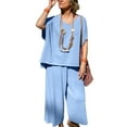 thumbnail image 2 of ZenCart 2Pcs/Set Women Summer Outfit V-Neck Short Sleeve Tee Shirt Loose Fit Wide Leg Pants Set Solid Color Casual Outfit, 2 of 8