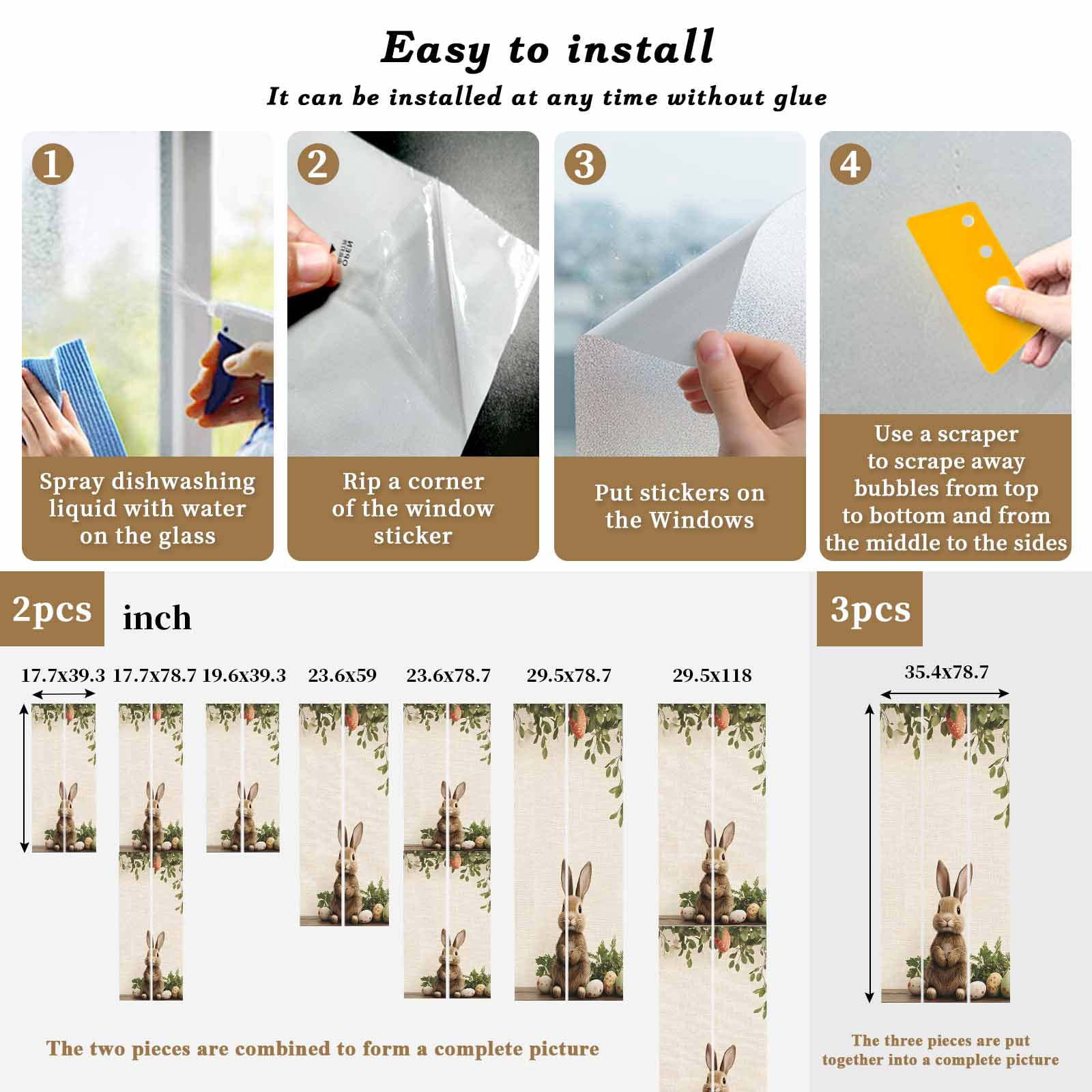 Easter Bunny Window Privacy Film, Eggs Basket Frosted Glass Window Clings Static Cling UV Heat Blocking Reusable Door Sticker for Bathroom 23.6 x 59 Inch