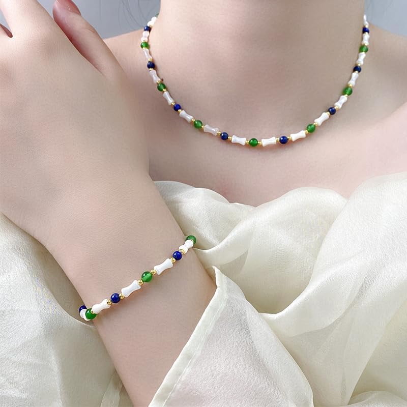 14K Gold Bamboo Bead Bracelet, Green Jade and Shell Bead Design Bracelet, Elegant Chinese Style Jewelry for Women