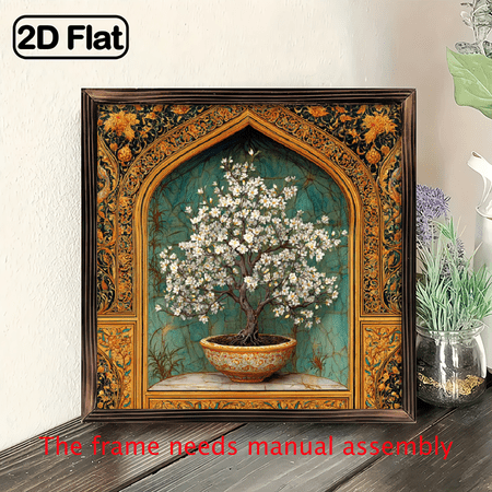 2D Flat - A 2D Flat Art Piece Featuring an Islamic Persian Miniature Arch Design, Depicting The Tree of Life This Wooden Sign Comes Framed And Includes Persian Floral Motifs, Making It a Decorativ