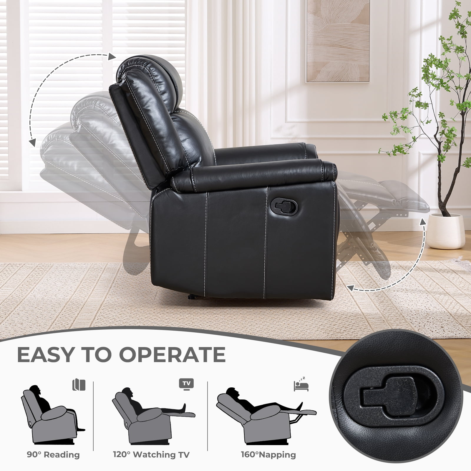 Ebello Faux Leather Manual Recliner, Mid-Century Modern Reclining Chair with Padded Headrest and Armrest for Living Room, Home Theater, Office, Black
