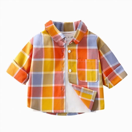 Linfrsh Boys Lined Flannel Shirt Plaid Shacket Long Sleeve Warm Top Jacket (Orange 5-6 Years)