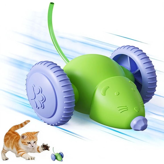 Fykuq Interactive Cat Toy, Automatic Moving Mouse Toy with Tail & Lights, 360° Rotating Rechargeable Kitten Toy, Type-C Charging
