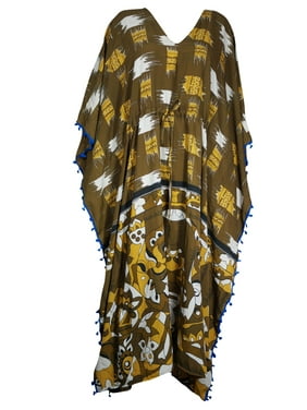 Mogul Women's Maxi Caftan with Pom Poms Kimono Sleeves Summer Cover Up 3X