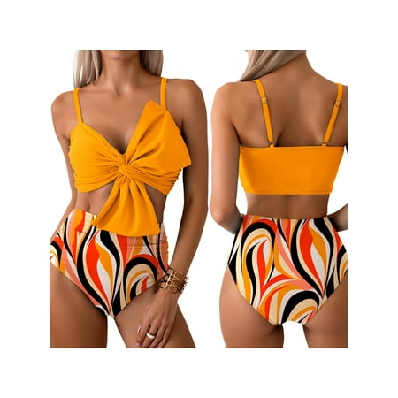 NUIDARAIO Women s Two Piece Bikini Bathing Suits Sleeveless Ruched Knot Cami Tops High Waist Thong Swimsuits
