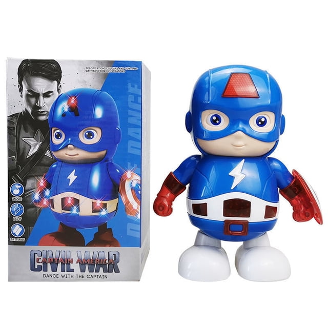 marvel iron man-robot de baile musical kawaii, modelo de figura de acción de anime, spiderman luminoso, juguete interactivo, regalos de navidad para niños A centered, front-facing 13cm plastic Marvel-themed dance robot figure in blue and red with white rounded feet, lightning-bolt chest emblem, translucent red wrist shields and a lit translucent torso panel; shown beside its original retail box with matching blue artwork, often used as a shelf or desk display for collectors.