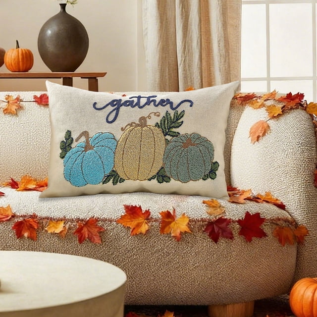 Funda de Almohada Bordada En Terciopelo con Diseño de Calabaza Bordada En Otoño, Cojín para Sofá.