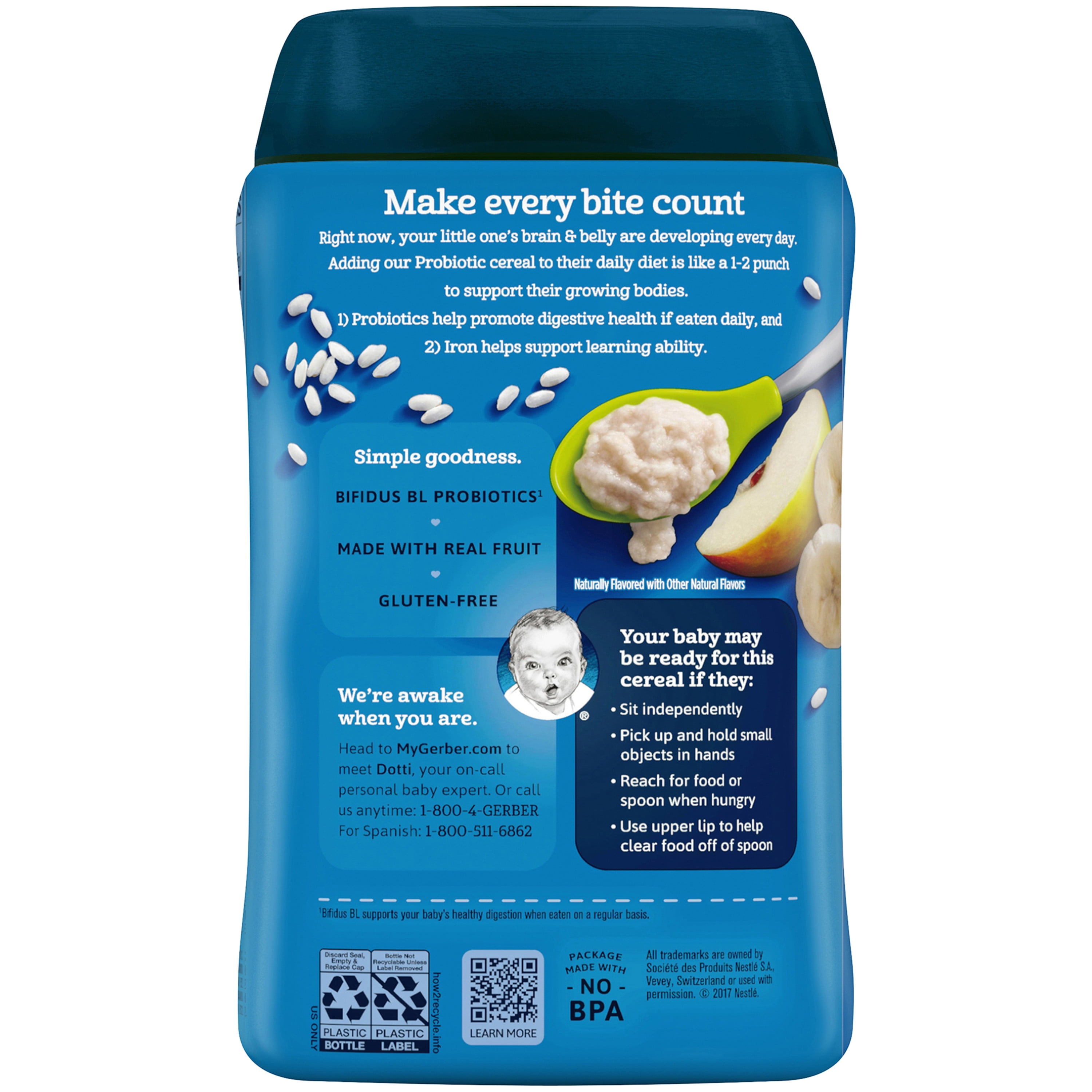 Gerber Cereal for Baby Probiotic Rice Baby Cereal, Banana Apple, 8 oz Canister (6 Pack)