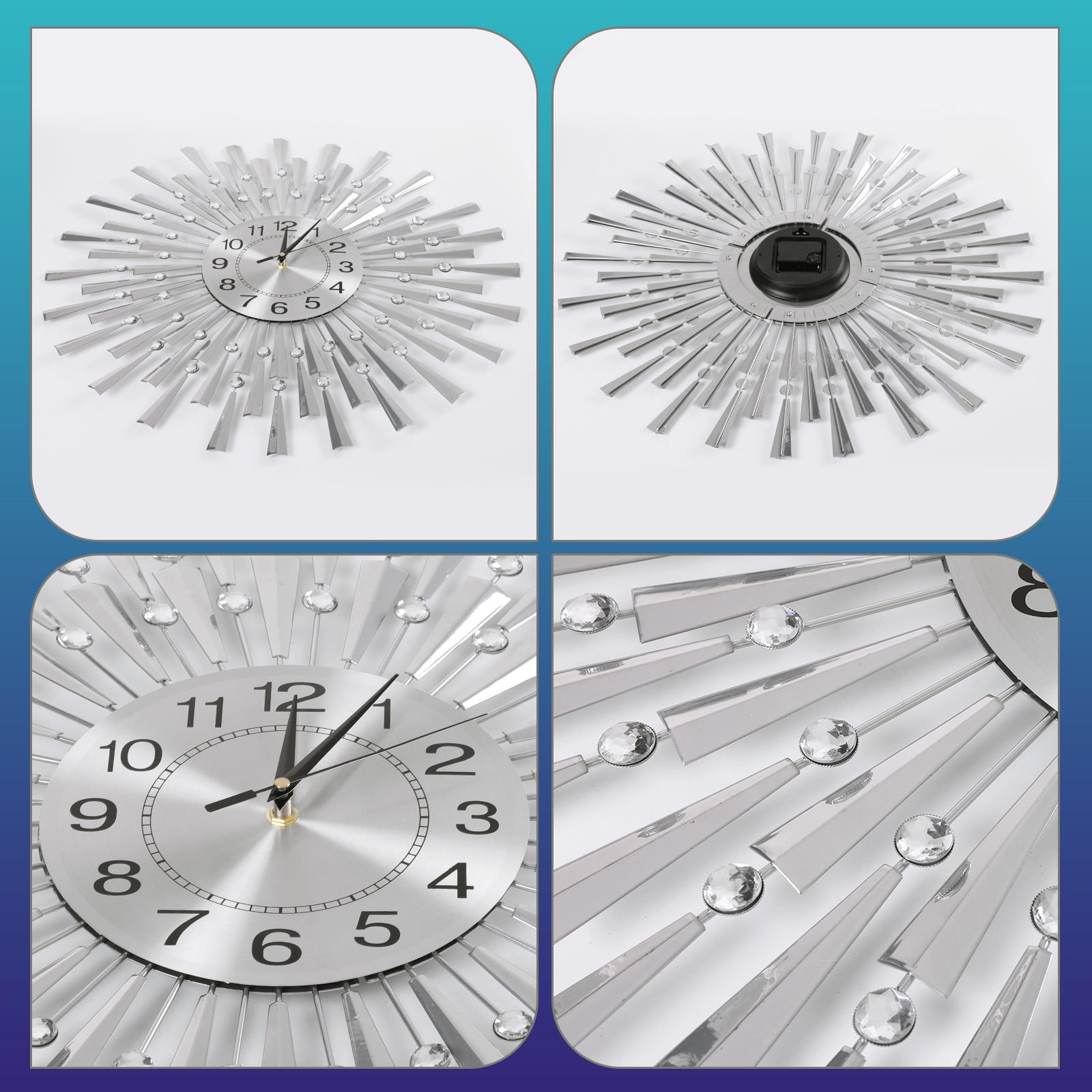 WOOW DEPOT 24" Large 3D Wall Clock Battery Operated Silent Non-Ticking Metal Morden Clock Watch for Living Room Bedroom Office Art Creative Decor, Silver