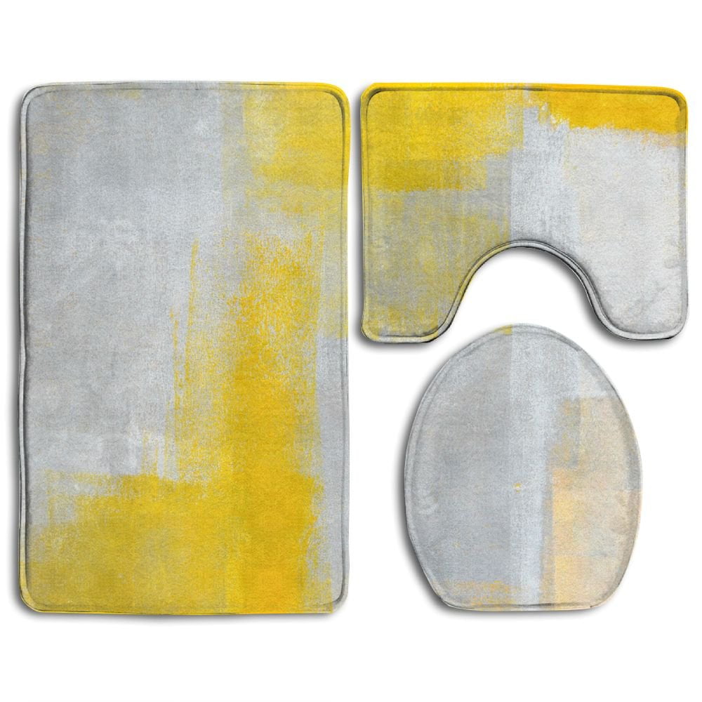 XDDJA Grey Yellow Abstract Art Painting 3 Piece Bathroom Rugs Set Bath