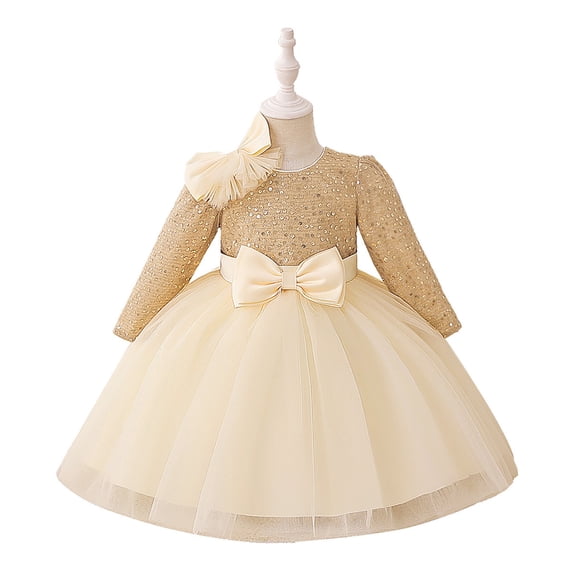 XAOFW Girls Dress Glitter Sequin Formal Occasion Elegant Bow Layered Long Sleeve Crew Neck Ball Gown Soft Breathable Party Night Dresses