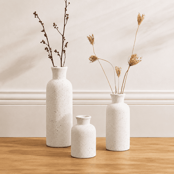LE TAUCI Set of 3 Speckled White Ceramic Vases for Modern Home Decor, Rustic Farmhouse Table Centerpiece and Living Room Decoration