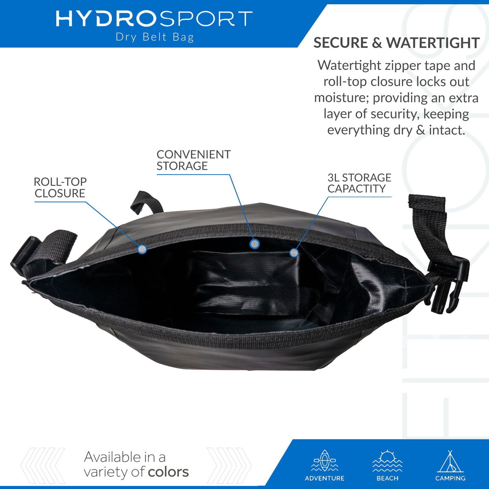 FITKICKS HydroSport Dry Belt Bag Waterproof Waist Pack with Adjustable Strap - Black