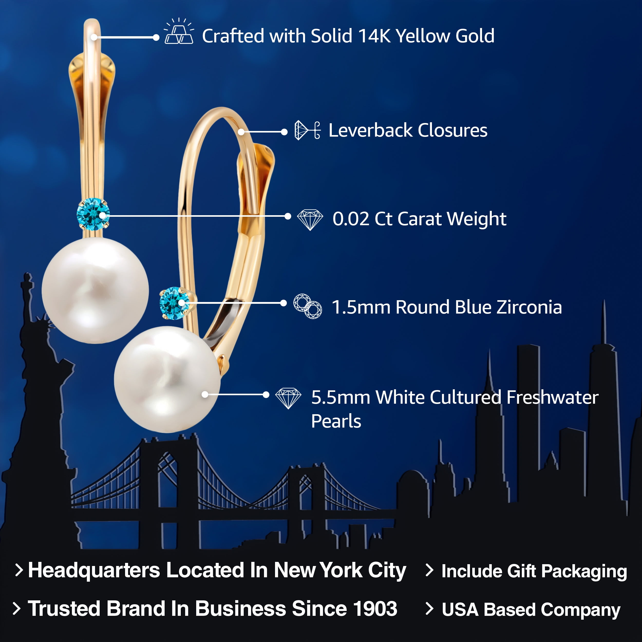 Gem Stone King 14K Yellow Gold Round White Cultured Freshwater Pearl and Round Blue Zirconia Leverback Drop Dangle Earrings for Women (Pearl: 5.5MM, Zirconia: 1.5MM)