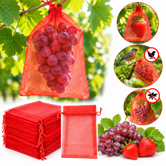 100 Pcs Grape Strawberry Fruit Protective Mesh Bags, Bird and Insect Netting Drawstring Organza Bags for Garden Orchard, Reusable Mesh Fruit Protection Bags Red