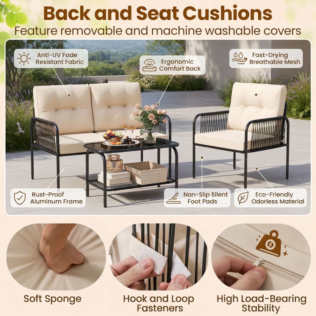 Hommoo 4-Piece PE Rattan Patio Furniture Set, Loveseat, 2 Chairs, Coffee Table with Removable Cushions for Backyard, Poolside & Patio, Beige