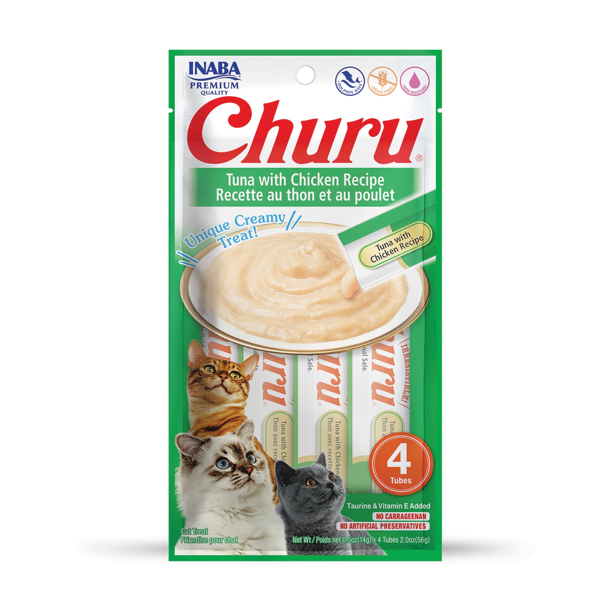 INABA Churu Creamy, Lickable Purée Cat Treat with Taurine, 0.5 oz, 4 Tubes, Tuna with Chicken