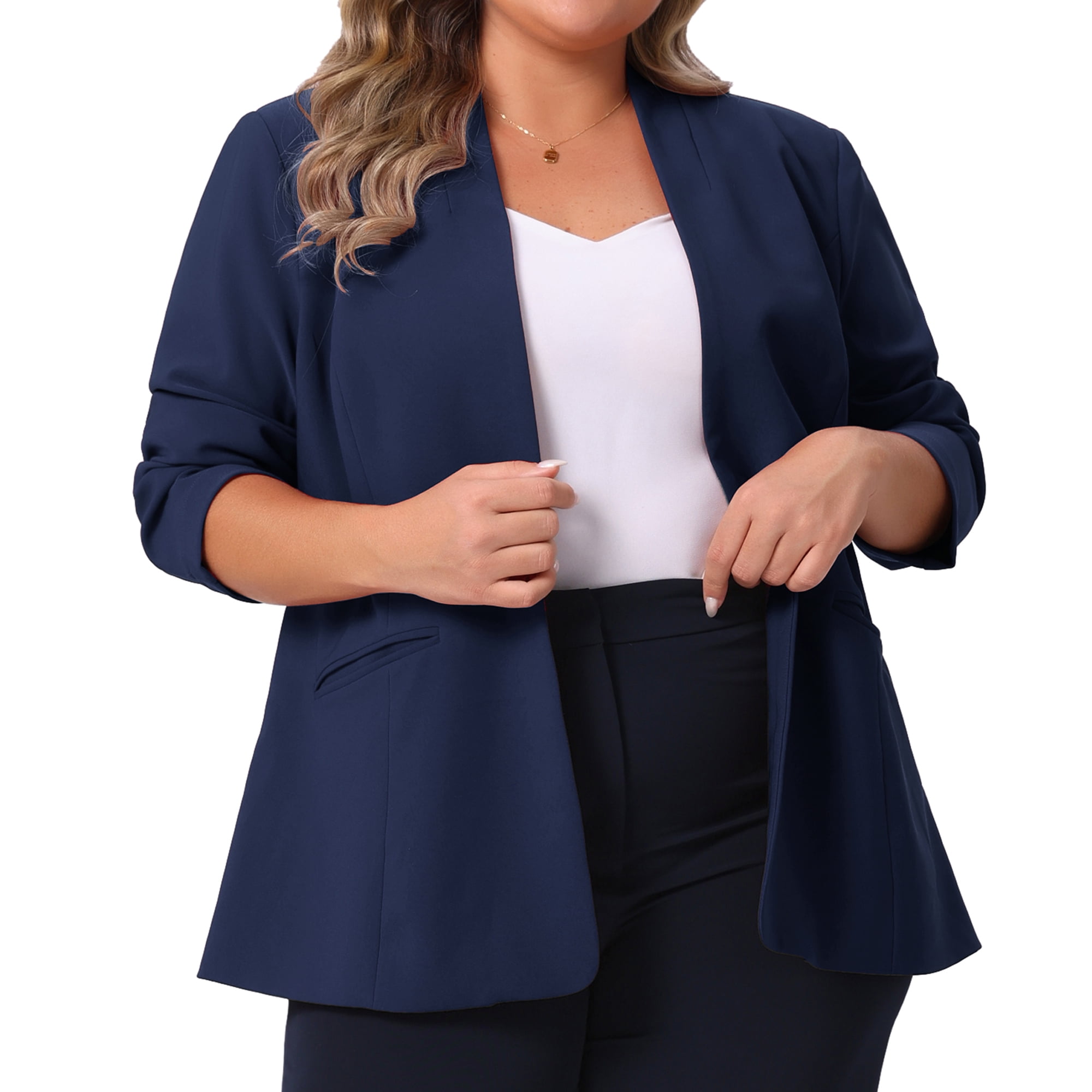 DARING DIVA Women's Plus Blazer Business Open Front Work Office Jacket 4X Navy Blue