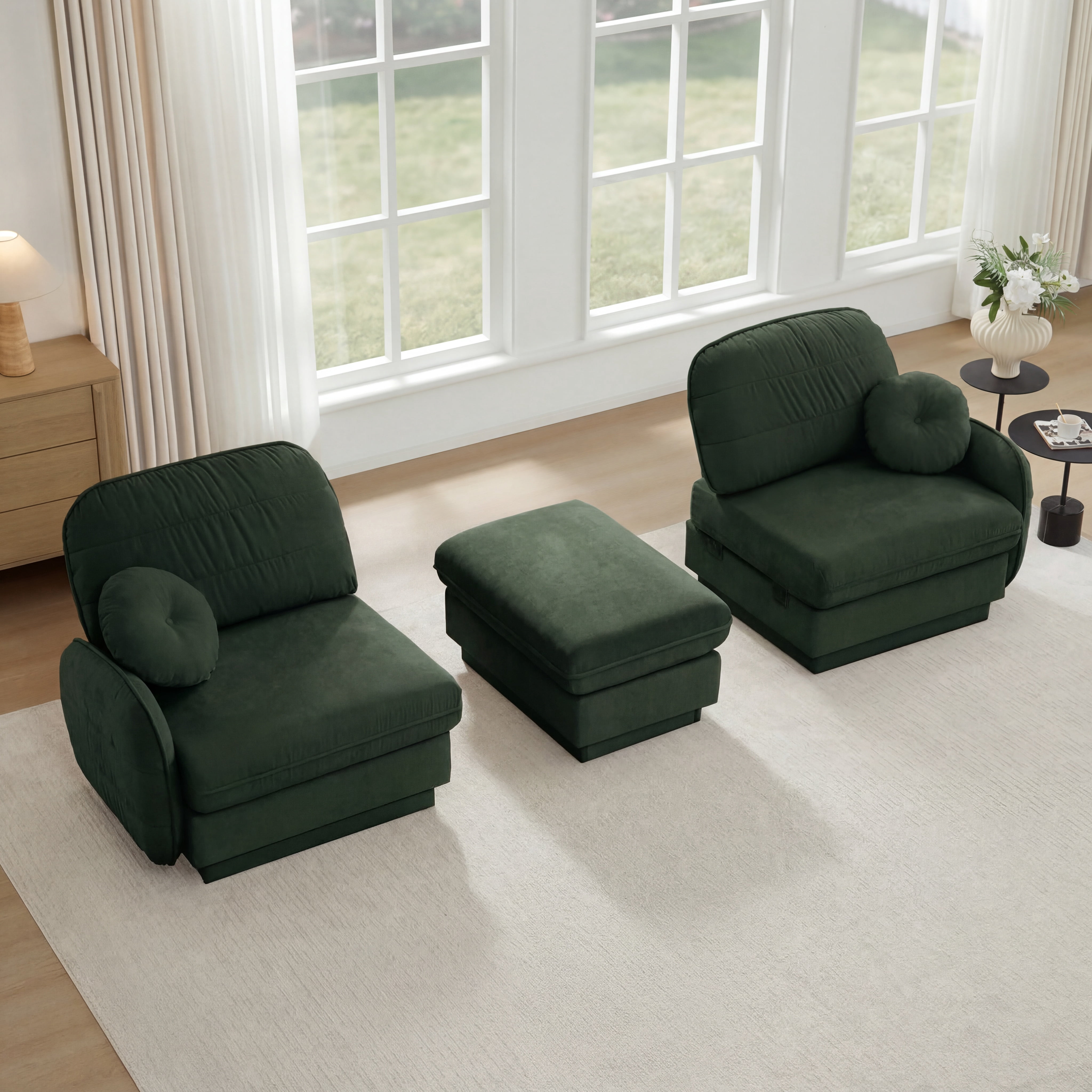 Mintazer Chenille Cloud Loveseat Sofa with Movable Ottoman and Round Pillows, L-Shaped Ergonomic Sofa Couch for Living Room, Bedroom, Green