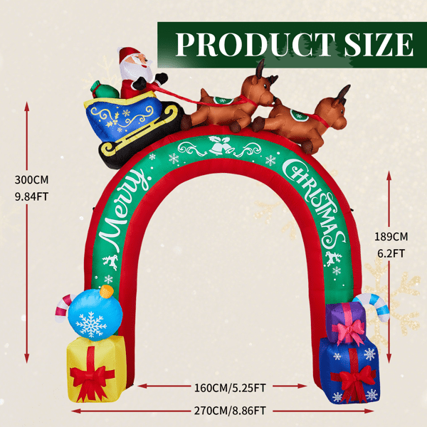 Giant Christmas Inflatable Archway, 9 Warm White LEDs, Santa Sleigh & Reindeer Design, Weatherproof Polyester, for Yard, Garden, Indoor