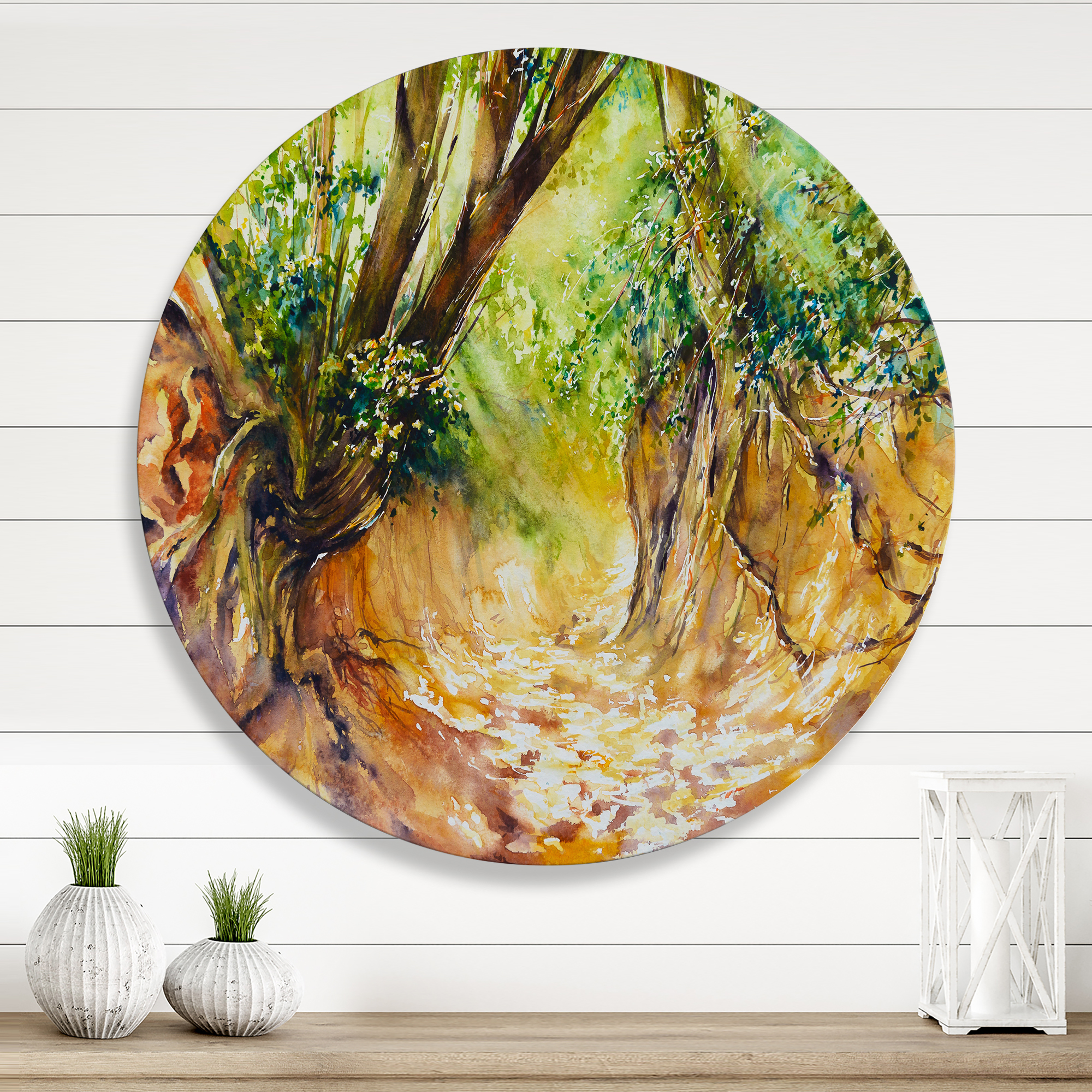 Designart 'Little Road in Deep Forest ' Traditional Circle Metal Wall Art 23x23 - Disc of 23