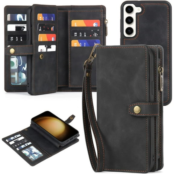 for Samsung Galaxy S23 Wallet Case with Card Holder & Detachable Magnetic Phone Case for S23 6.1 inch,PU Leather Shockproof Protective Phone Case Wallet with Wrist Strap(Dream Black)