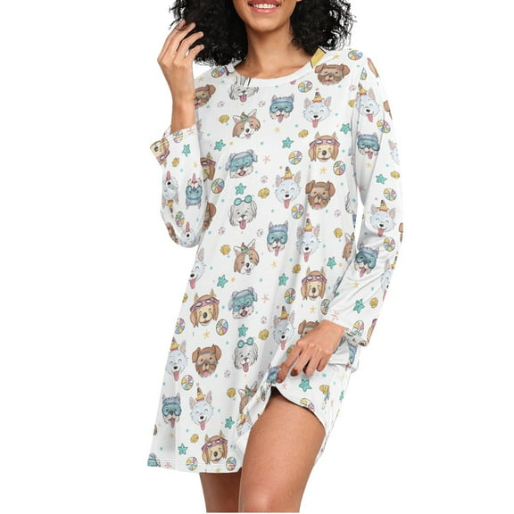 joogoo Hand Drawn Cute Dog Women's Long Sleeve Nightgown Sleepwear L