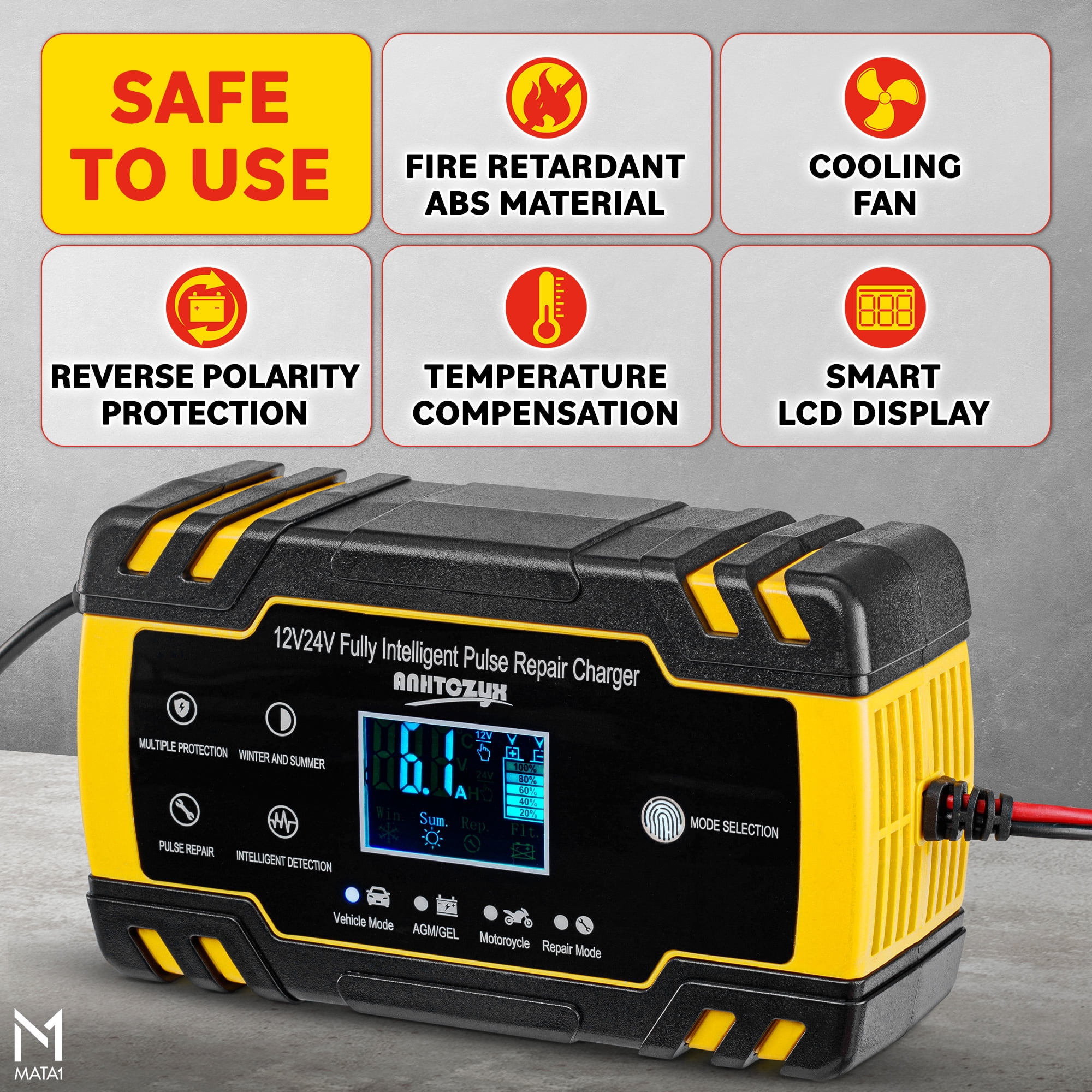 Mata1-USA Car Battery Charger & Maintainer (12V / 8A & 24V / 4A), Smart Automobile Trickle Charger & Desulfator