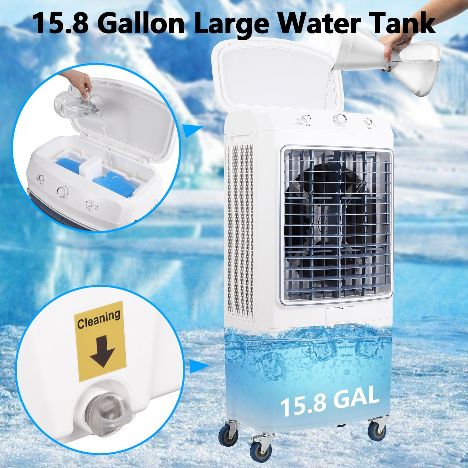4100CFM Swamp Cooler with Remote, 4 Ice Packs, 3 Modes & Speeds for Indoor Outdoor Use - 15.8 Gallon