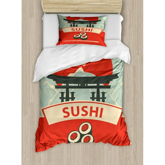 Sushi Duvet Cover Set Twin Size, Popular Japanese Cultural Icons such as Torii Gate and Sushi with Cartoon Mountains, Decorative 2 Piece Bedding Set with 1 Pillow Sham, Multicolor, by Ambesonne