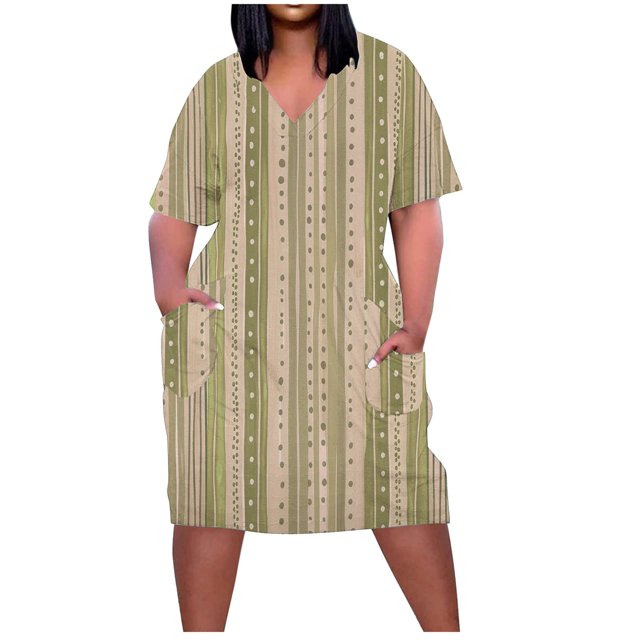 Vestido Corto de Verano Moda Grande Impresión de Manga Corta Cuello en V Bolsillo Mini Vestido para Casual Y Diario