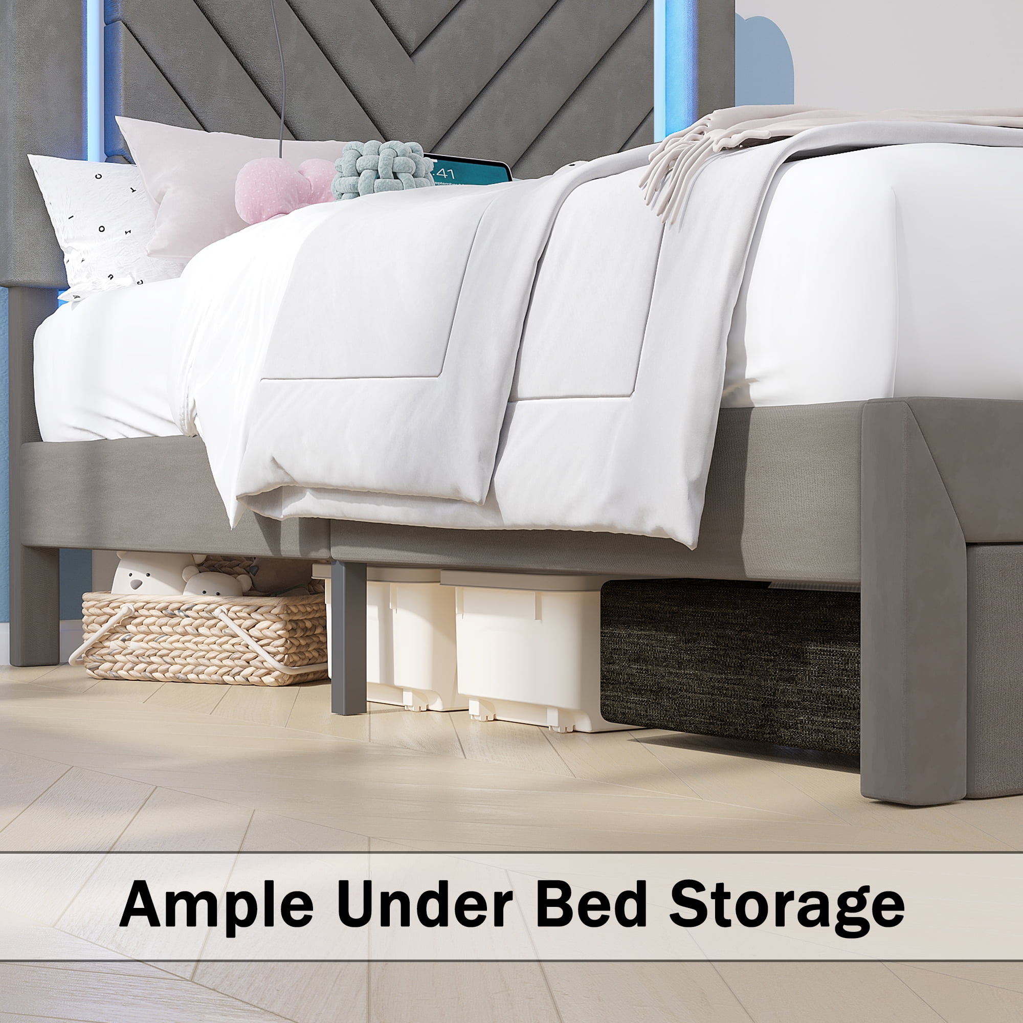 Fastroby Twin Upholstered Bed Frame with LED Headboard & Storage Drawer, No Box Spring Required