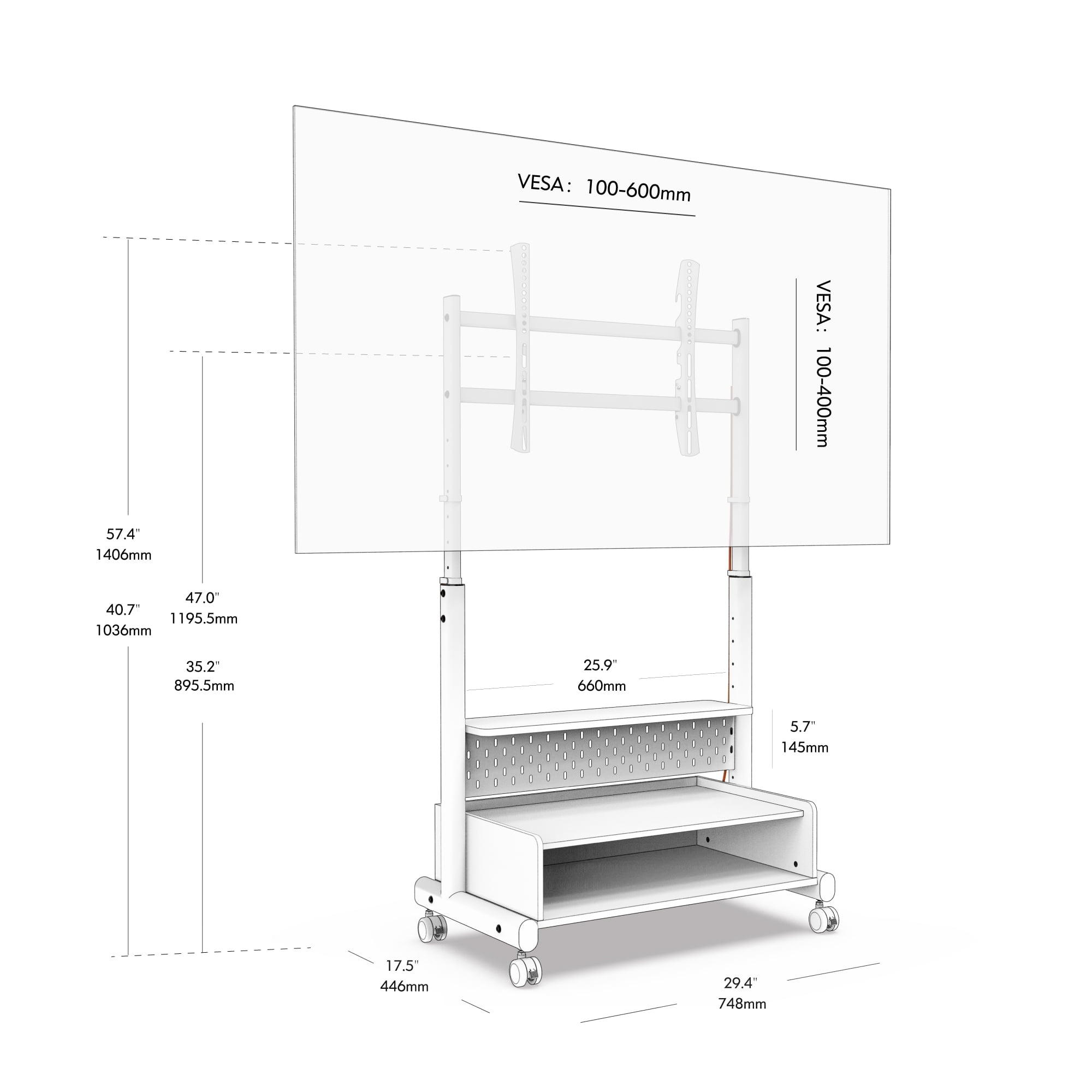 FITUEYES Sturdy Rolling TV Stand with Wheels for 40-85 inch Screens, Height Adjustable Mobile Cart, White