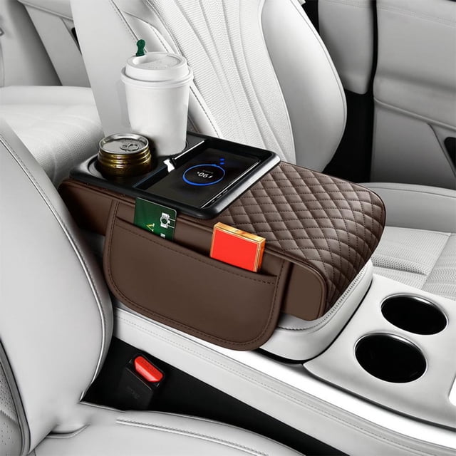 Car Armrest Riser Pad with Wireless Charging, Nappa Leather Console Organizer, Dual Cup Holders, Side Pocket Storage for Enhanced Driving Comfort & Phone Power