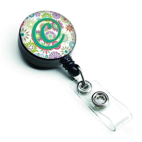 Carolines Treasures CJ2011-CBR Letter C Flowers Pink & Teal Green Initial Retractable Badge Reel