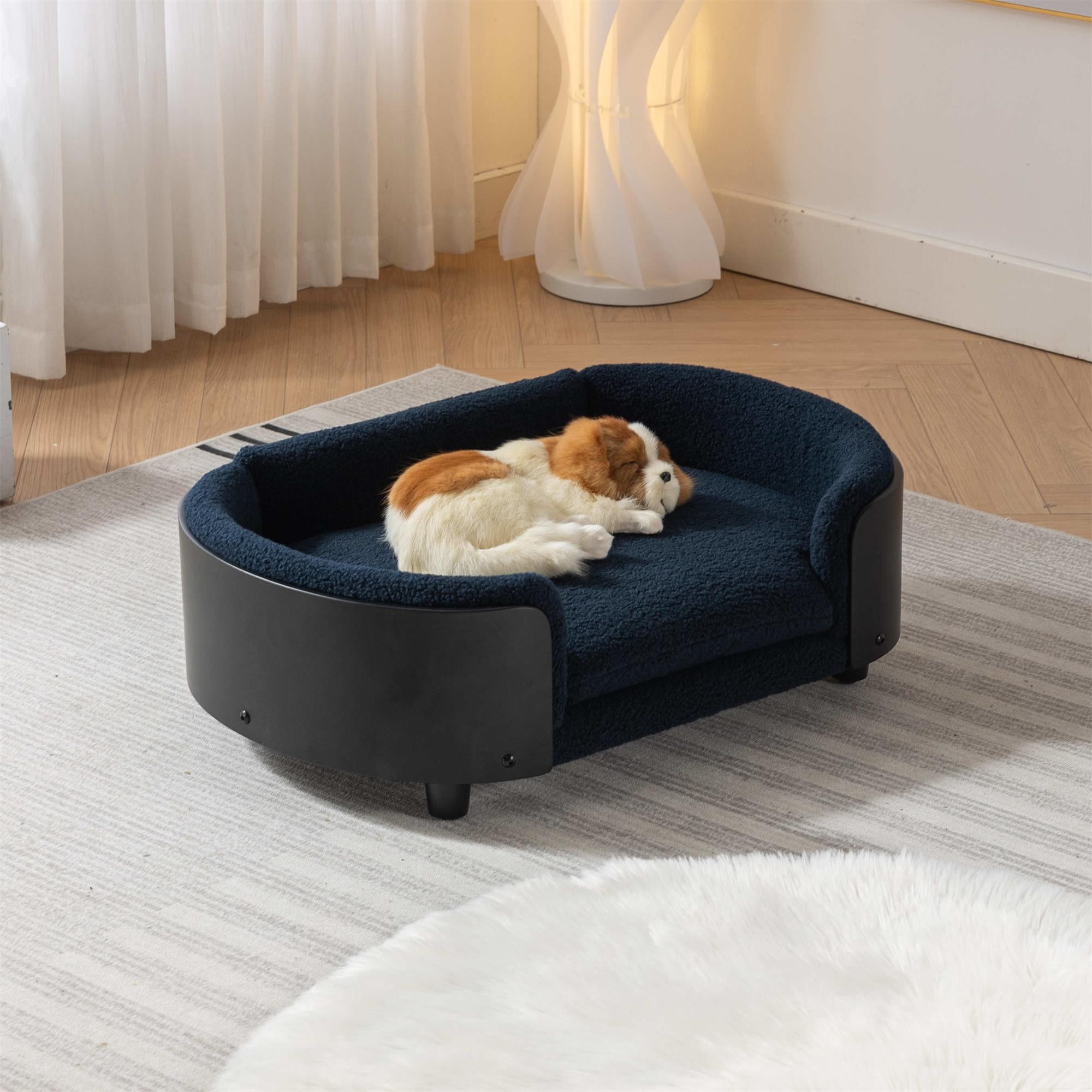 Pefilos 30" Elevated Pet Dog Bed with Solid Wood Legs and Black Bent Wood Back, Cashmere Cushion, Pet Sofa for Indoors Dogs, Dark Blue Pefilos 30" Elevated Pet Dog Bed with Solid Wood Legs and Black Bent Wood Back, Cashmere Cushion, Pet Sofa for Indoors Dogs, Dark Blue