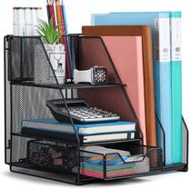 Marbrasse Desk Organizer with File Holder, 3-Tier Paper Letter Tray Organizer with Drawer and  Pen Holder, Mesh Desktop Organizer and Storage with Magazine Holder for Office Supplies(Black)