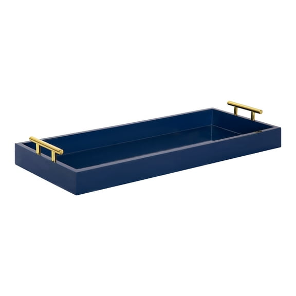Kate and Laurel Lipton Narrow Decorative Tray with Polished Metal Handles, 10" x 24", Navy Blue and Gold, Chic Accent Tray for Display and Storage