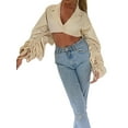 thumbnail image 6 of SAYOO Women Trendy Crop Tops, Solid Color Notched Lapel Drawstrings Long Sleeve Blouse for Ladies, Apricot, S/M/L, 6 of 9