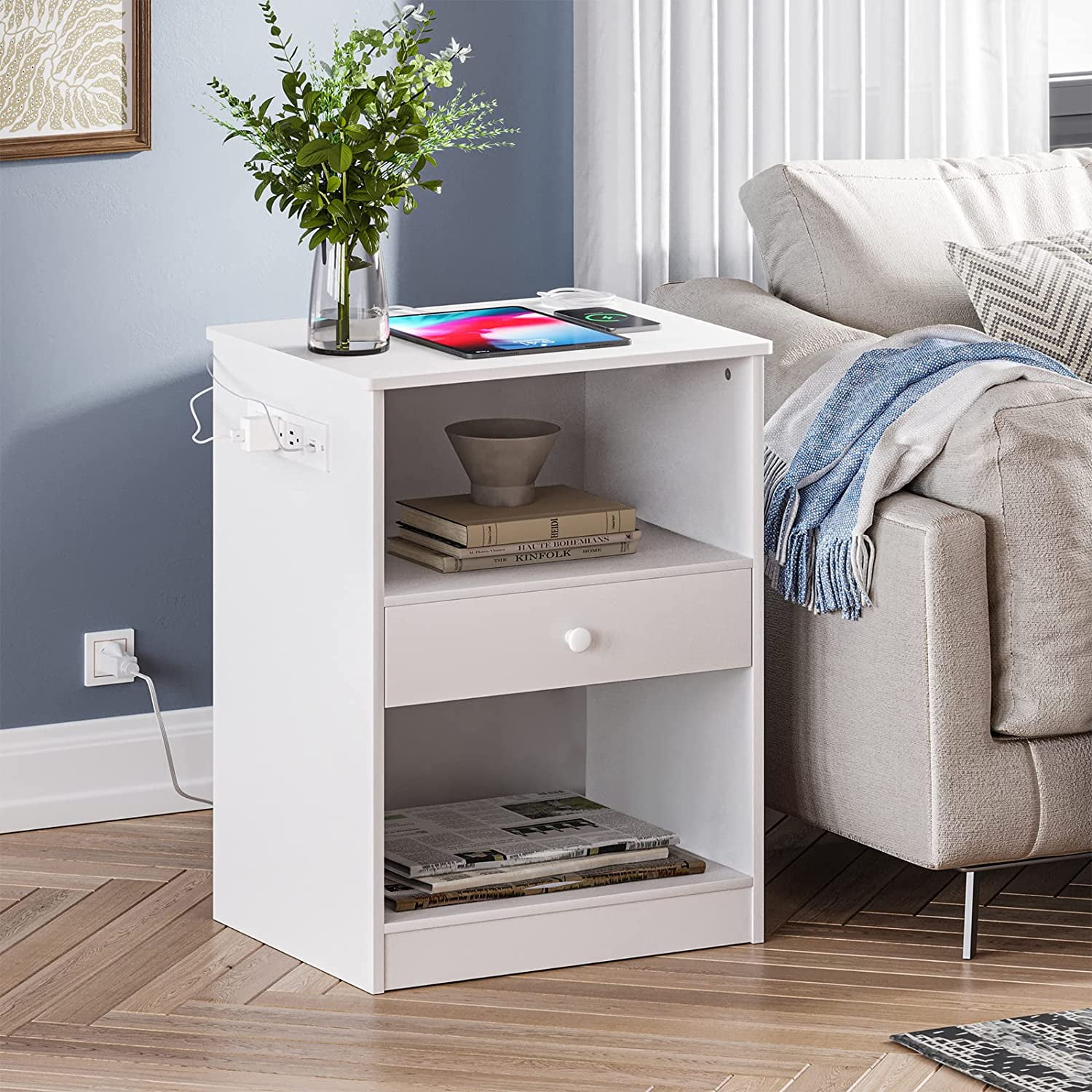 Nightstand with Drawers and Charging Station, Bedside Table with USB ...