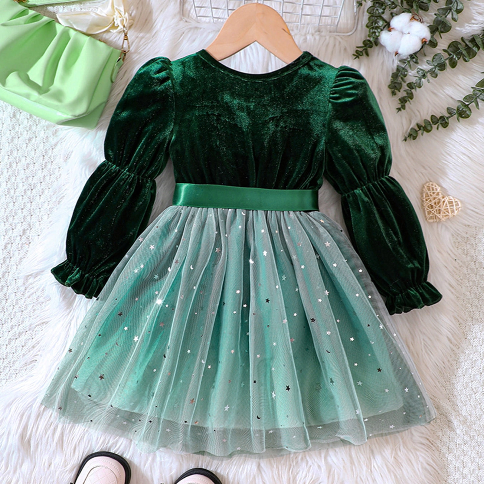nsendm Big Kid dress Daily Use Dress for Girls Toddler Girls Long Sleeve Dresses Star Sequin Tulle Dress Clothes Baby Girl Birthday Girls Clothes Green 18 24 Months Walmart