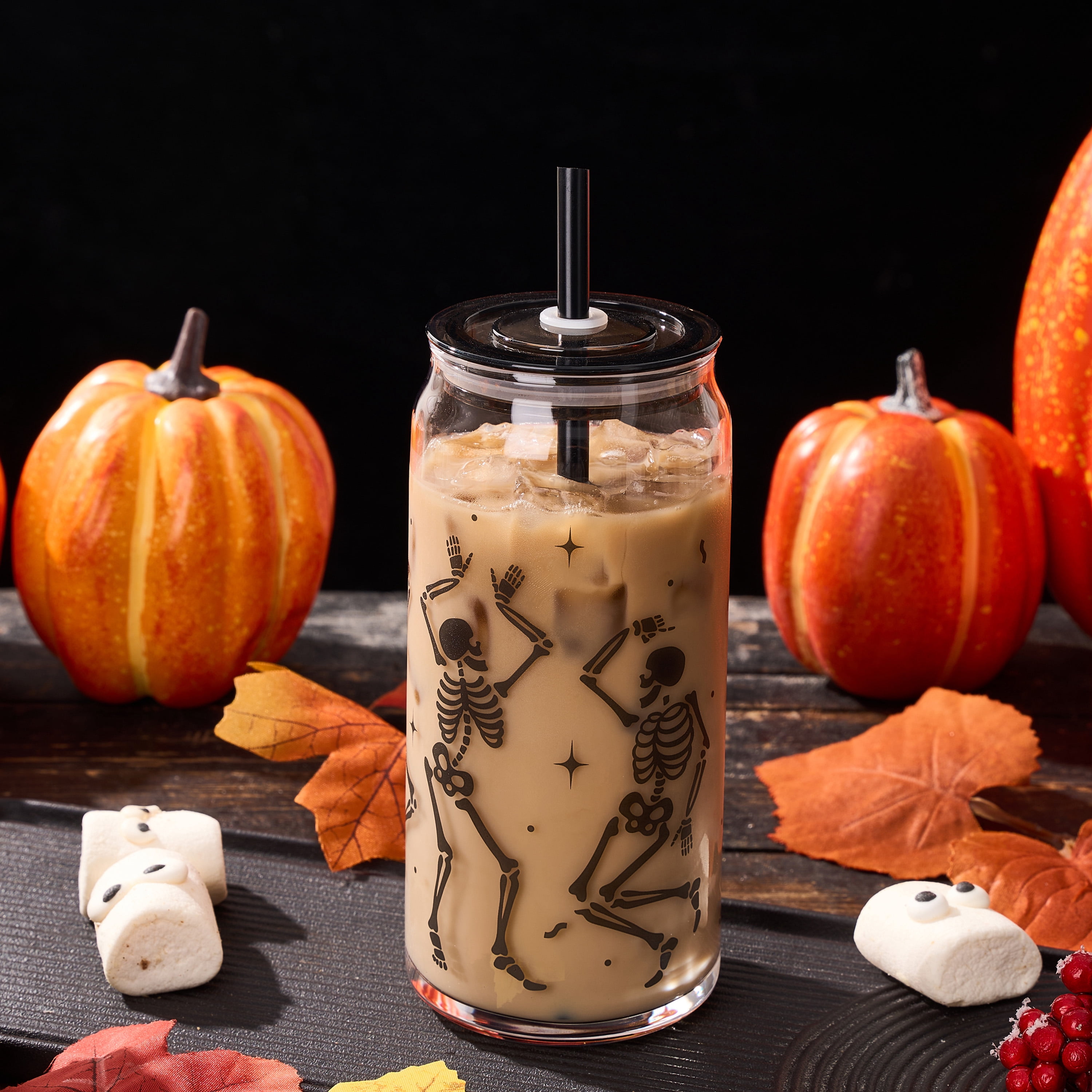 Way to Celebrate Halloween Dancing Skeleton Glass Can Sipper Tumbler, 20 oz